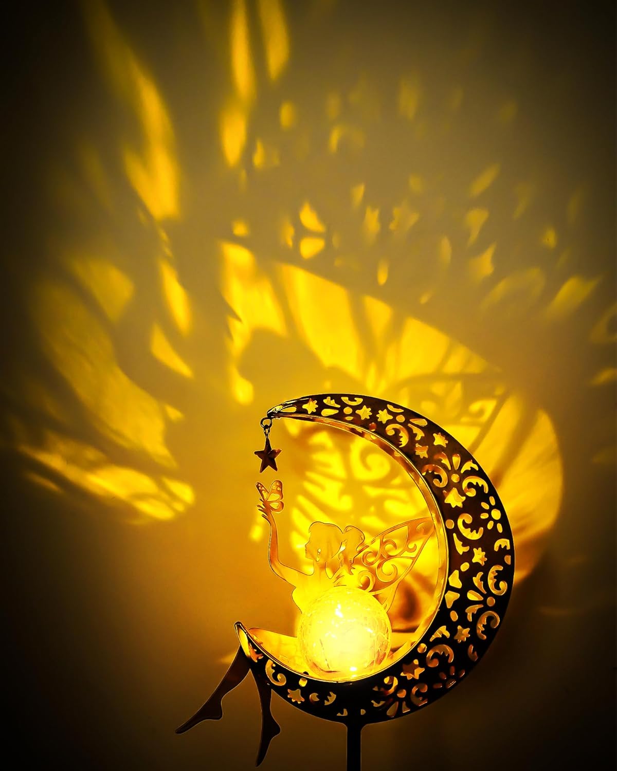 Vuees Solar Garden Statues Outdoor Decor, Fairy Moon Figurine Light Stake, Housewarming Ornament for Patio, Lawn, Yard, Pathway - Unique Gift Ideas for Gardening Mom Grandma
