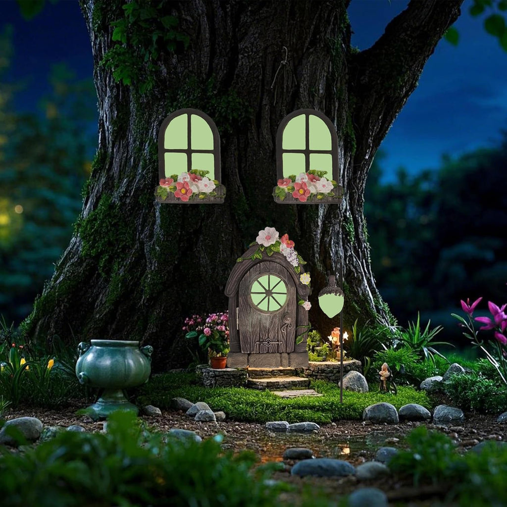 FESTGLOX Fairy Door and Windows for Tree, Glow in the Dark Fairy Garden Miniature Accessories for Tree Stump Decor, Resin Fairy House Kit with Fairy Lantern for Gnome, Outdoor Yard, Lawn, Garden Decor