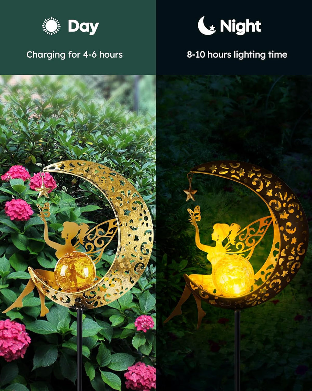 Vuees Solar Garden Statues Outdoor Decor, Fairy Moon Figurine Light Stake, Housewarming Ornament for Patio, Lawn, Yard, Pathway - Unique Gift Ideas for Gardening Mom Grandma