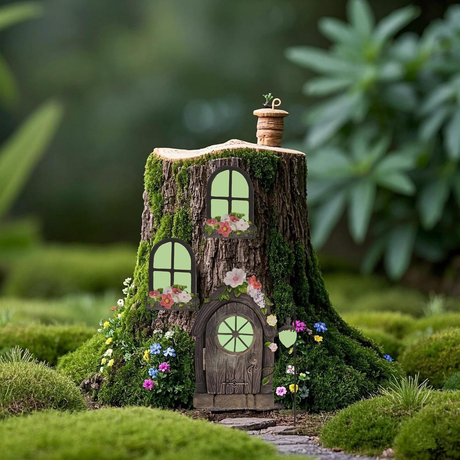 FESTGLOX Fairy Door and Windows for Tree, Glow in the Dark Fairy Garden Miniature Accessories for Tree Stump Decor, Resin Fairy House Kit with Fairy Lantern for Gnome, Outdoor Yard, Lawn, Garden Decor