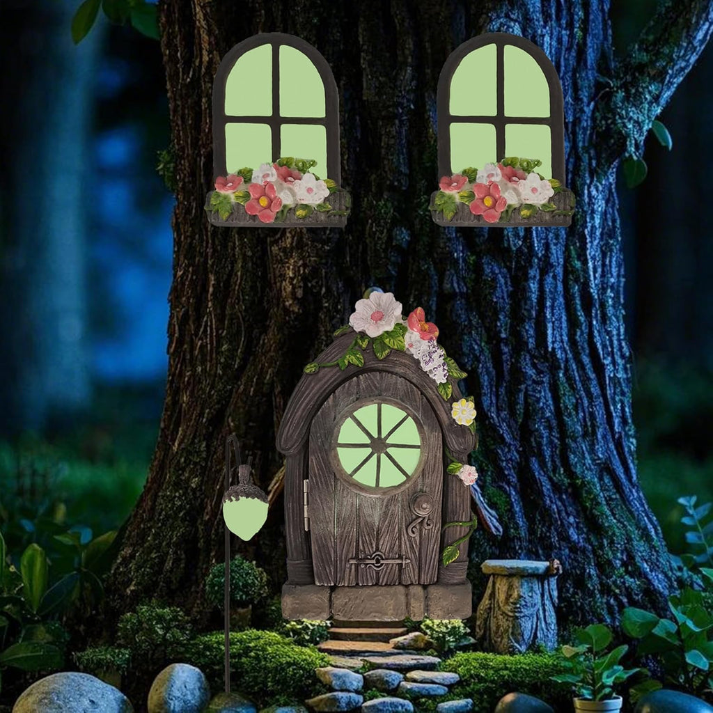 FESTGLOX Fairy Door and Windows for Tree, Glow in the Dark Fairy Garden Miniature Accessories for Tree Stump Decor, Resin Fairy House Kit with Fairy Lantern for Gnome, Outdoor Yard, Lawn, Garden Decor
