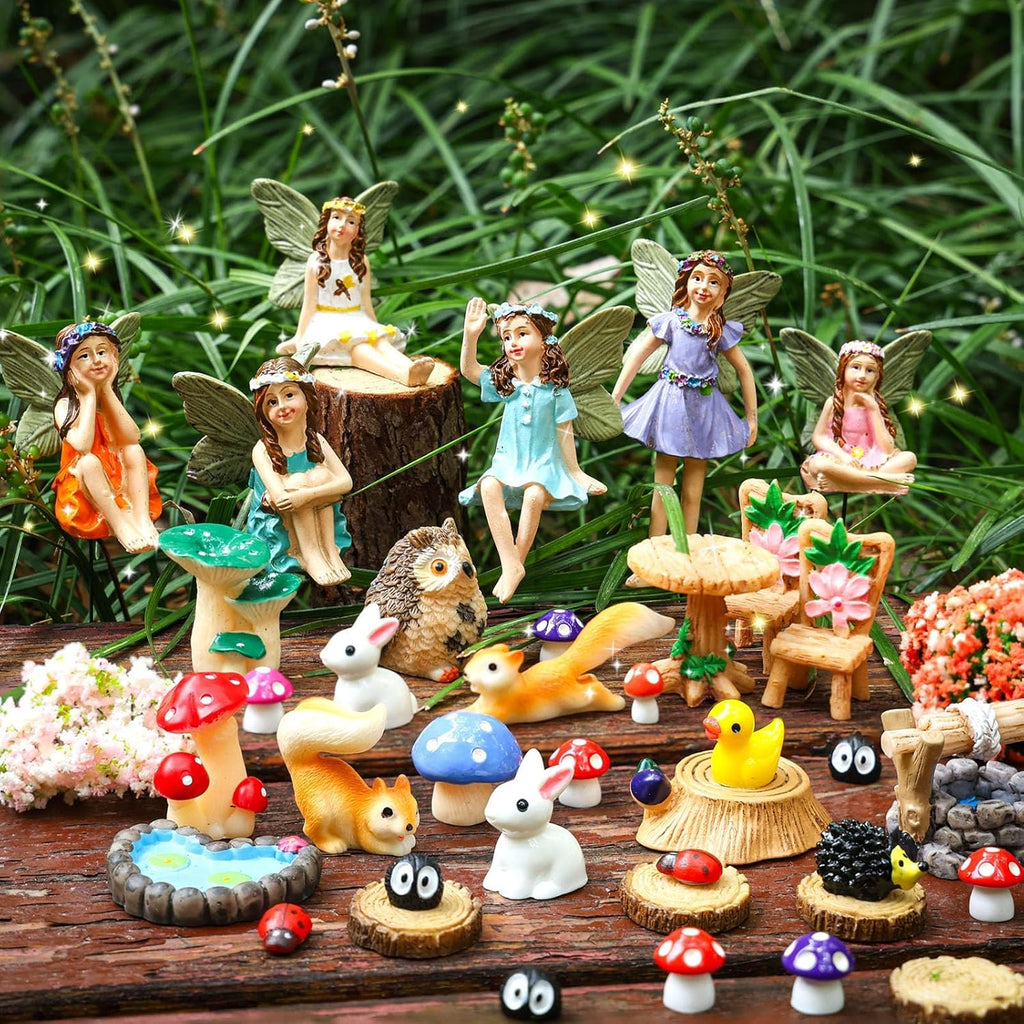 100 Pcs Fairy Garden Accessories Miniatures Figures Kit Micro Landscape Terrarium Ornaments Resin Mushroom Animal Fake Pond Lawn Bridge Garden Decoration