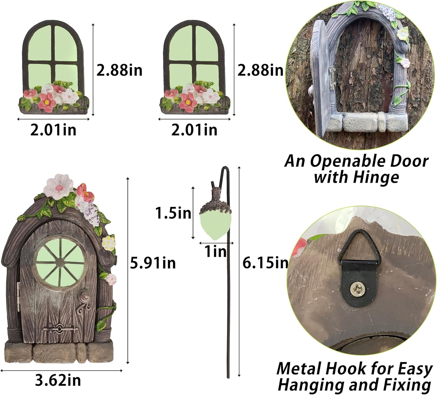 FESTGLOX Fairy Door and Windows for Tree, Glow in the Dark Fairy Garden Miniature Accessories for Tree Stump Decor, Resin Fairy House Kit with Fairy Lantern for Gnome, Outdoor Yard, Lawn, Garden Decor
