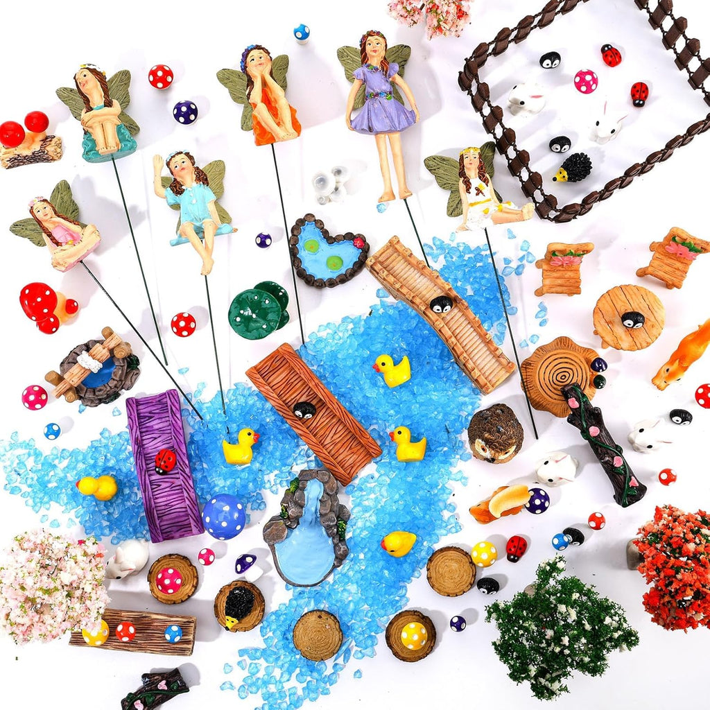 100 Pcs Fairy Garden Accessories Miniatures Figures Kit Micro Landscape Terrarium Ornaments Resin Mushroom Animal Fake Pond Lawn Bridge Garden Decoration
