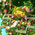 Suzile 50 Pcs Solar Fairy House Garden Accessories Light up Flocked Fairy House Garden Kit Green Resin Miniature Mushroom Figures Micro Landscape Ornament(Stone House)