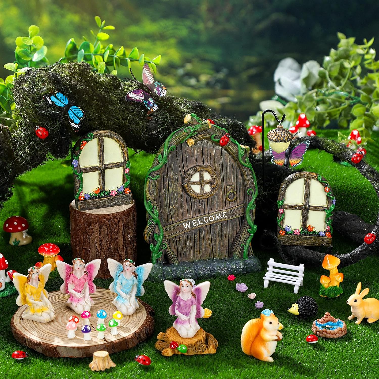 Thyle 47 Pcs Fairy House Garden Accessories Kit Glow in the Dark Mushroom House Resin Outdoor Village Door Window Figures Garden Miniature for DIY Room Wall Tree Outdoor Decorations