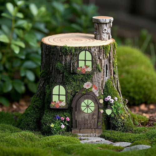 FESTGLOX Fairy Door and Windows for Tree, Glow in the Dark Fairy Garden Miniature Accessories for Tree Stump Decor, Resin Fairy House Kit with Fairy Lantern for Gnome, Outdoor Yard, Lawn, Garden Decor